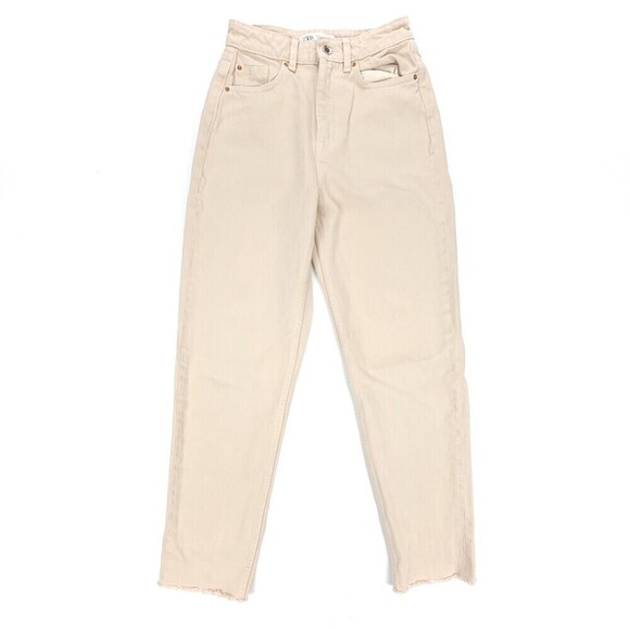 ZARA 90s Mom High Rise Tapered Ankle Cropped Jeans Womens 2 Beige Cream Denim - Picture 1 of 9